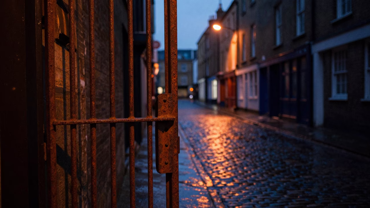 Predawn Street Scene in Bristol UK with Rusty Doorframe and Urban Decay in in Bristol, United Kingdom