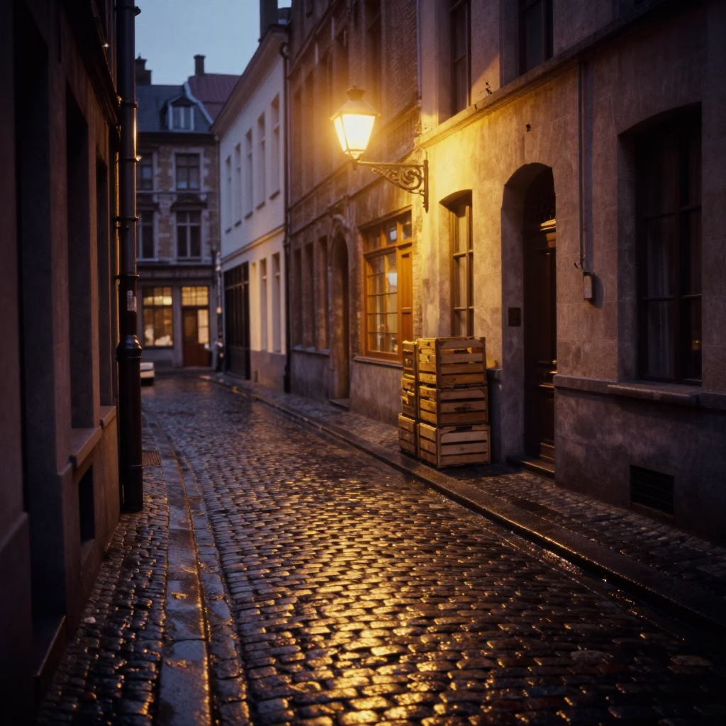 Predawn Street Scene in Brussels Belgium with Cobblestone Alley and Gas Lamp Light in in Brussels, Belgium