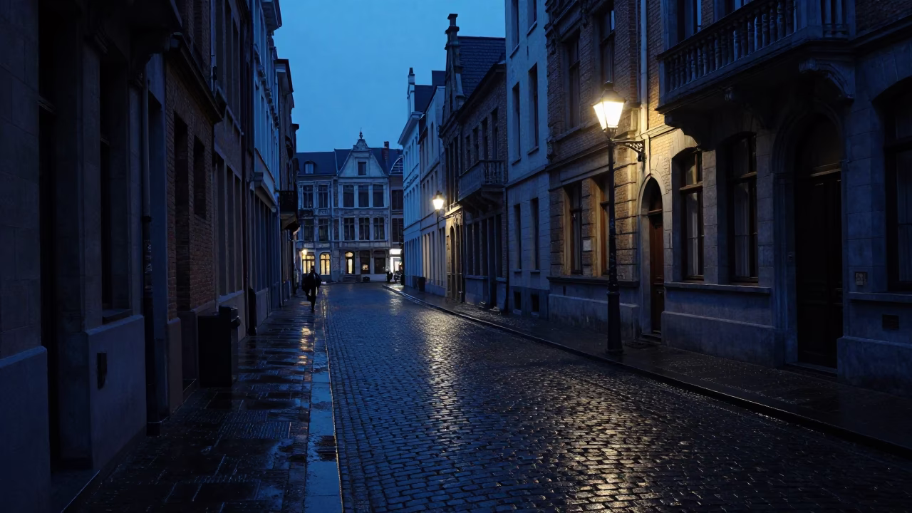 Predawn Street Scene in Brussels Belgium with Cobblestones and Early Morning Light in in Brussels, Belgium
