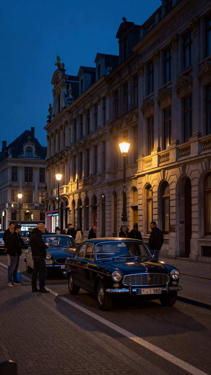 Predawn Street Scene in Brussels Belgium with Vintage Car Rally Preparation in in Brussels, Belgium