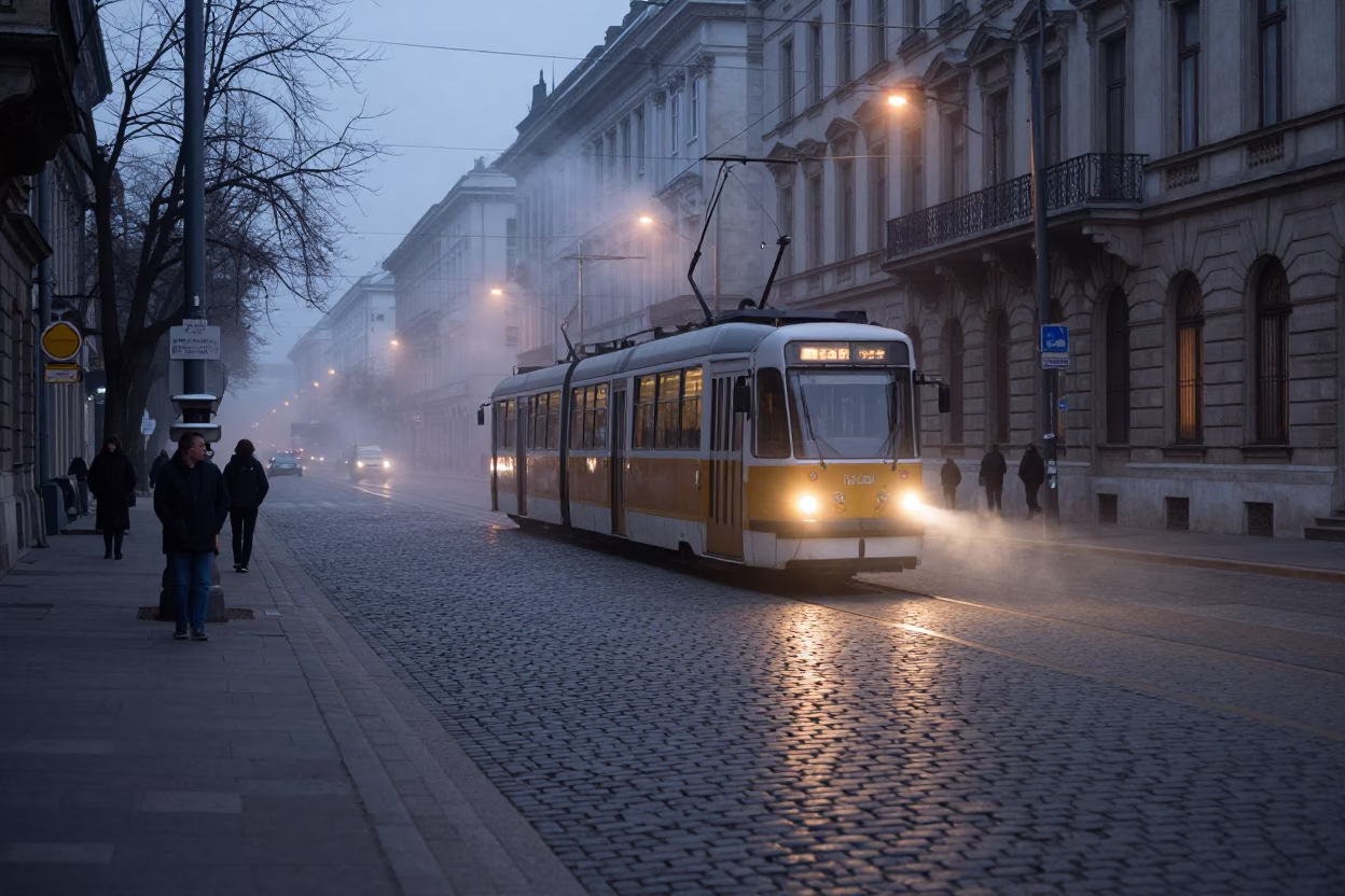 Predawn Street Scene in Budapest Hungary with Steam and Early Morning Light in in Budapest, Hungary