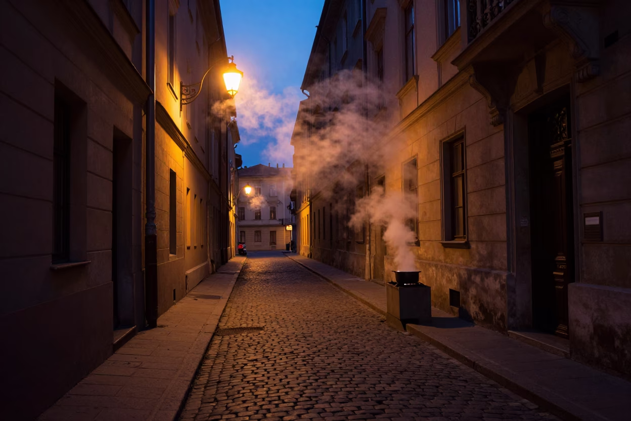 Predawn Street Scene in Budapest Hungary with Steam and Urban Details in in Budapest, Hungary