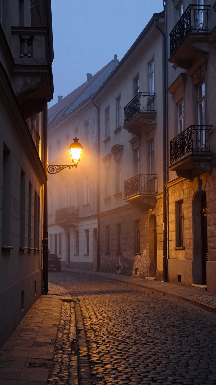 Predawn Street Scene in Budapest Hungary with Vintage Streetlamp and Cobblestone Alley in in Budapest, Hungary