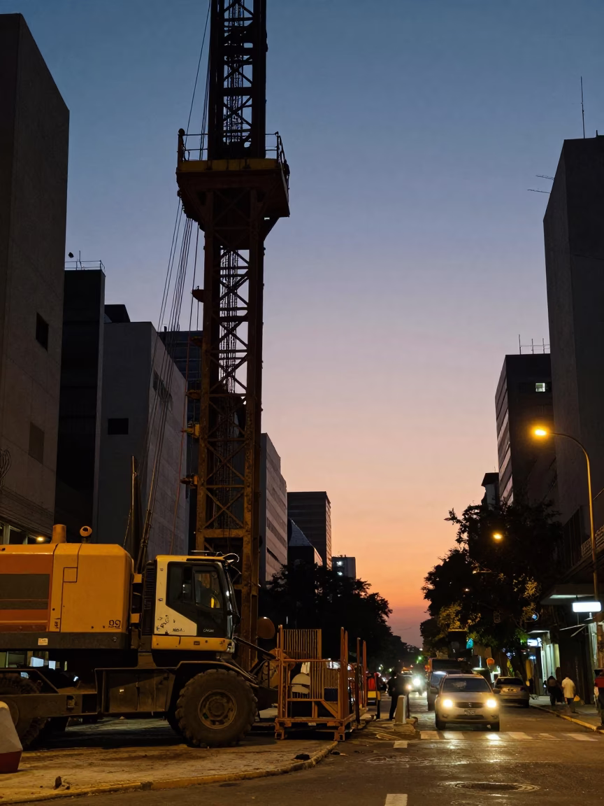 Predawn Street Scene in Buenos Aires Argentina with Pile Driver Construction and Urban Activity in in Buenos Aires, Argentina