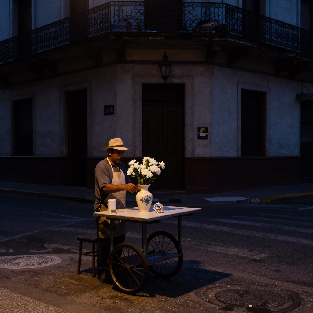 Predawn Street Scene in Buenos Aires with Vase and Brooch in in Buenos Aires, Argentina