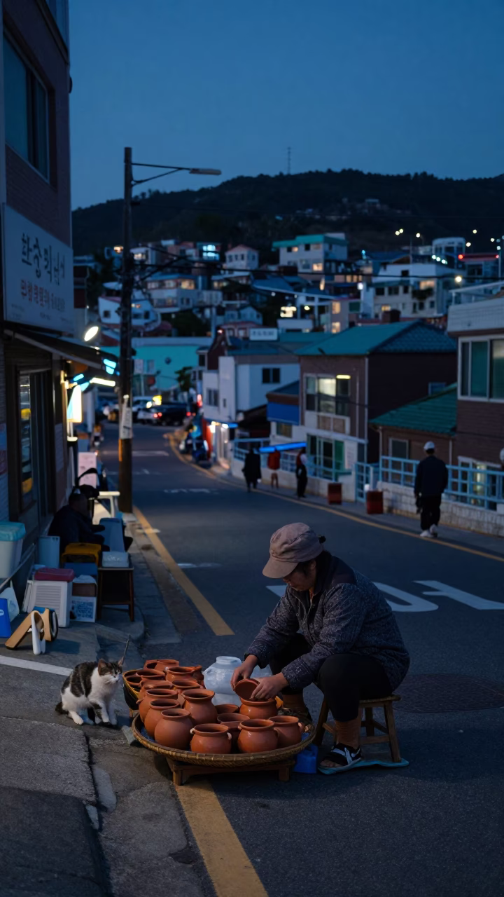 Predawn Street Scene in Busan South Korea with Local Vendor and Cat in in Busan, South Korea