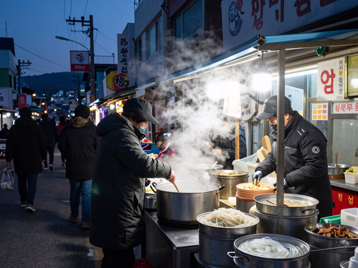 Predawn Street Scene in Busan South Korea with Steam and Glass Noodles in in Busan, South Korea