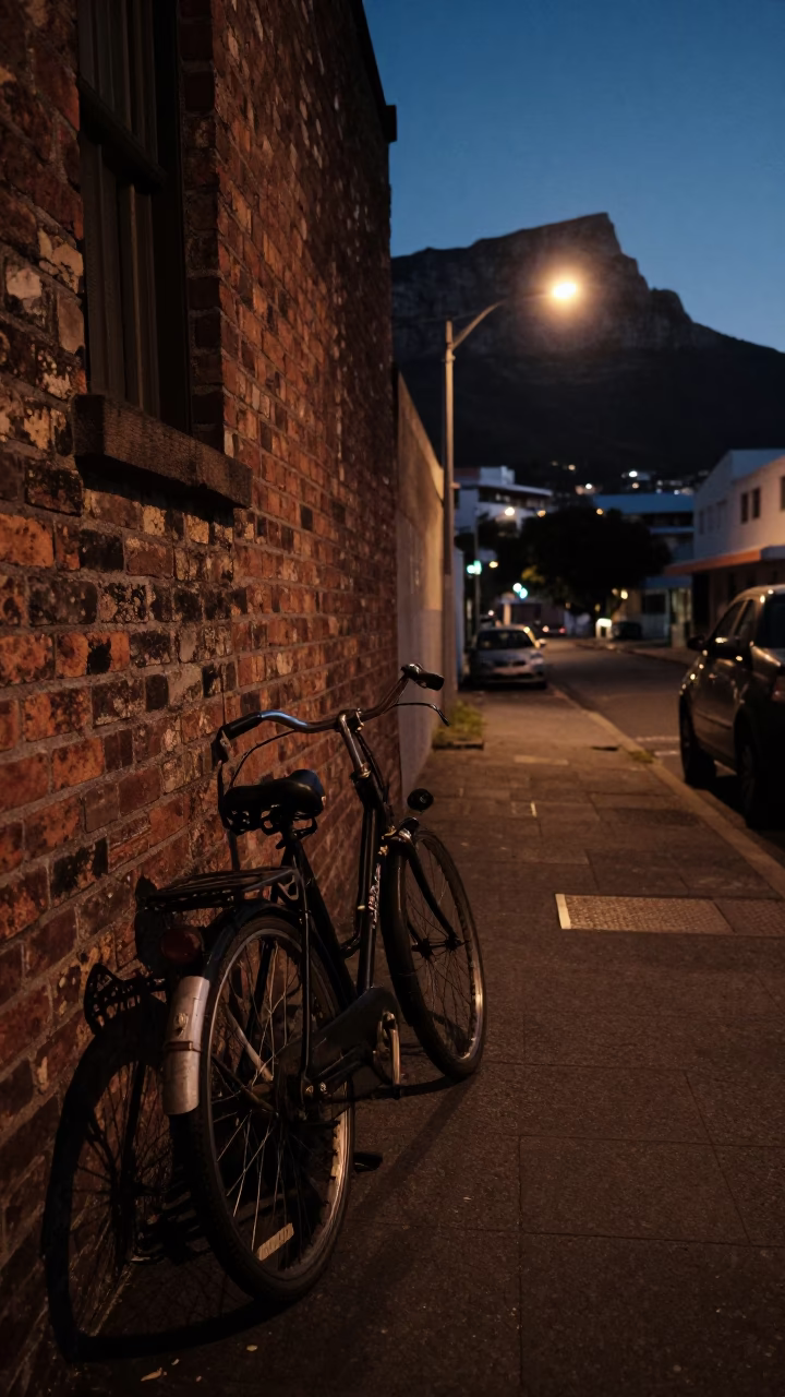 Predawn Street Scene in Cape Town with Vintage Bicycle and Smudged Metal Latch in in Cape Town, South Africa