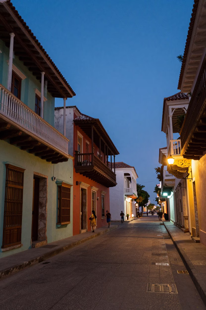 Predawn Street Scene in Cartagena Colombia with Colorful Colonial Facades and Early Morning Activity in in Cartagena, Colombia