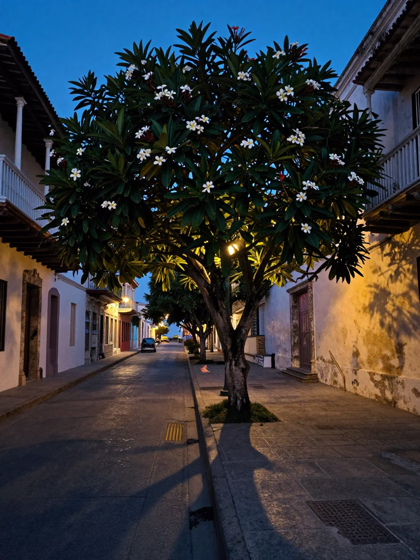 Predawn Street Scene in Cartagena Colombia with Frangipani Tree and Water Ripples in in Cartagena, Colombia