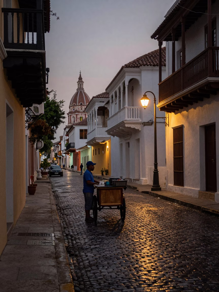Predawn Street Scene in Cartagena Colombia with Local Vendor and Early Morning Light in in Cartagena, Colombia