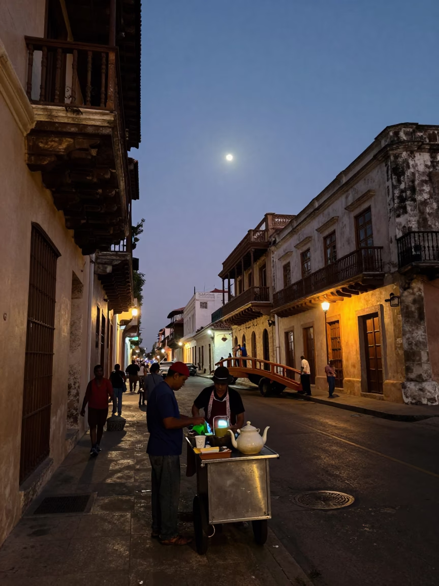 Predawn Street Scene in Cartagena Colombia with Teapot and Moon Bridge in in Cartagena, Colombia