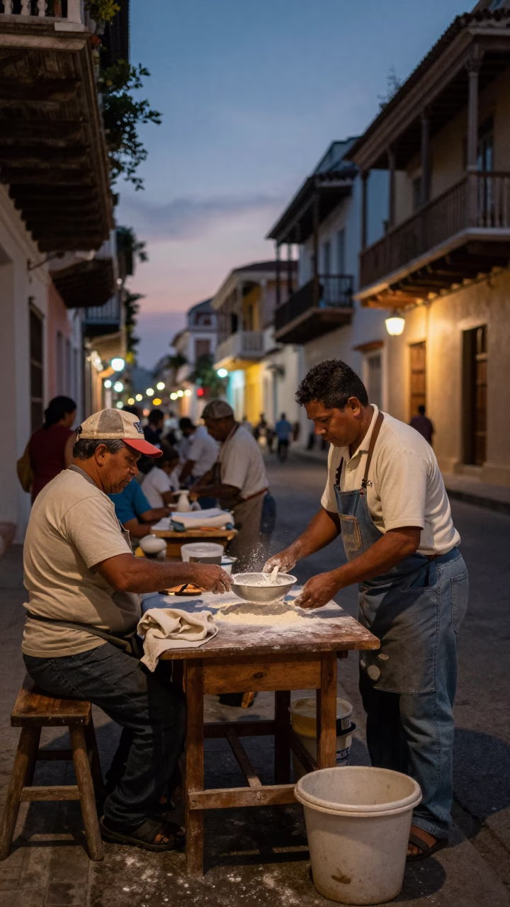 Predawn Street Scene in Cartagena Colombia with Vintage 1980s Atmosphere and Local Market Activity in in Cartagena, Colombia