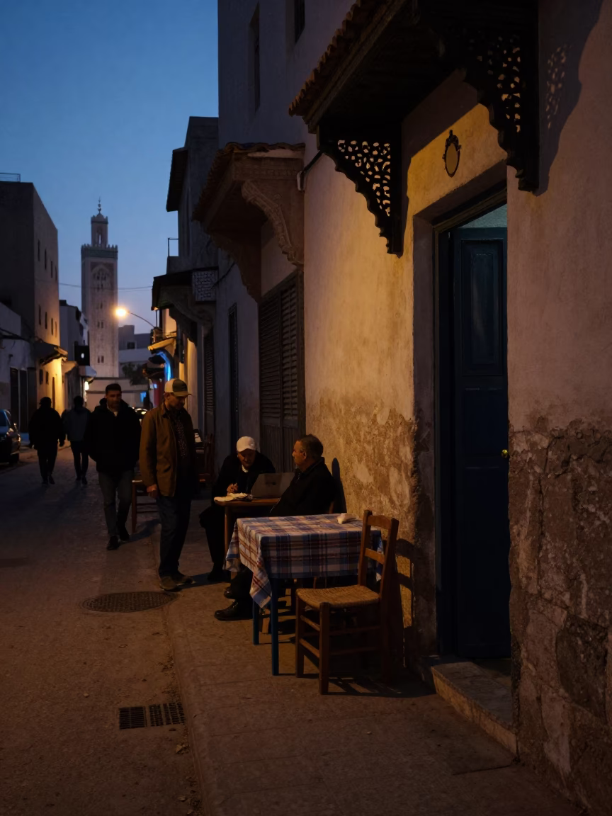 Predawn Street Scene in Casablanca Morocco with Chair and Tablecloth in in Casablanca, Morocco