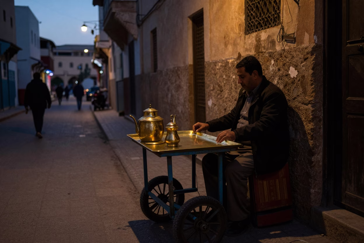 Predawn Street Scene in Casablanca Morocco with Tea Stains and Brass Tabletop in in Casablanca, Morocco
