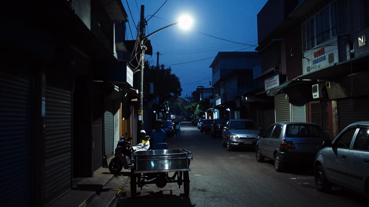 Predawn Street Scene in Chennai India with Brushed Steel and Local Commerce in in Chennai, India