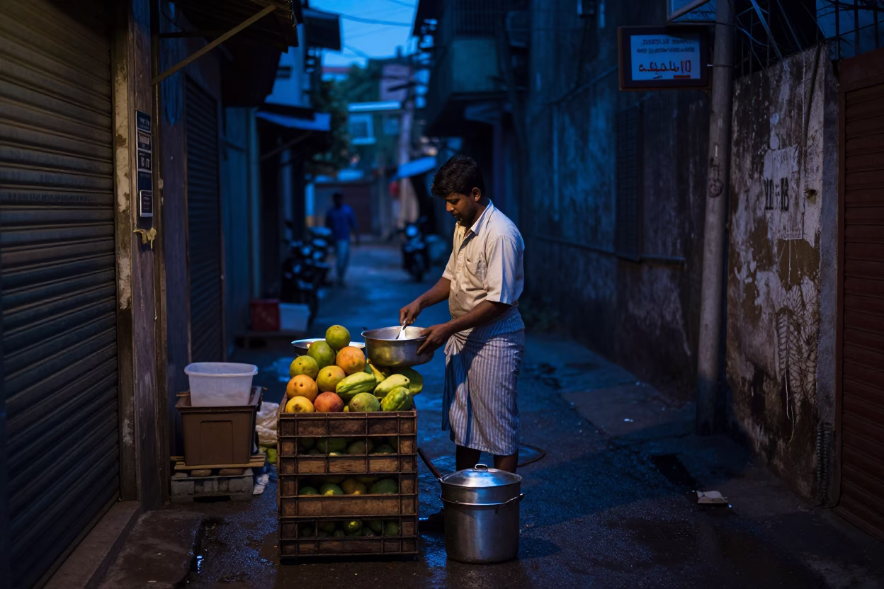 Predawn Street Scene in Chennai India with Fruit Crate and Saucepan in in Chennai, India