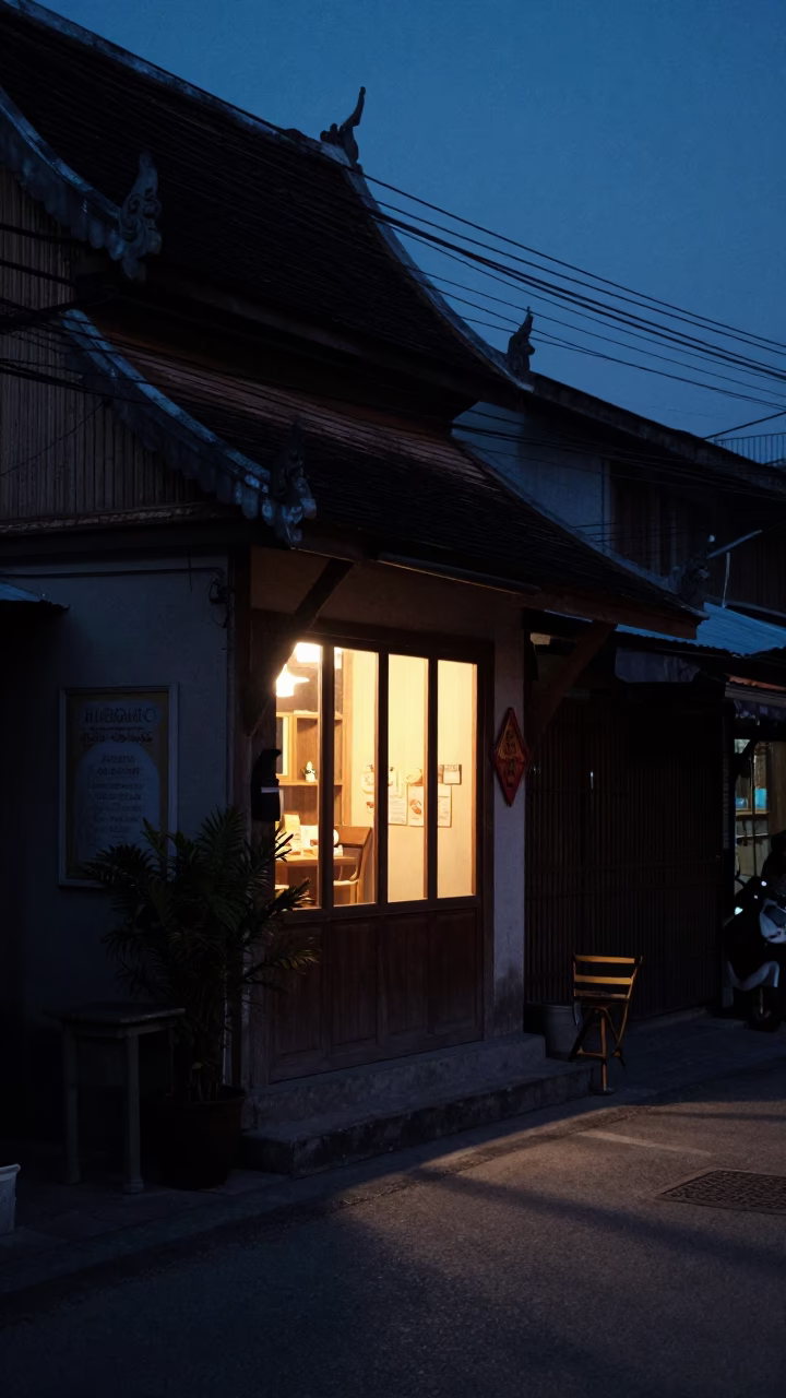 Predawn street scene in Chiang Mai Thailand with glowing shop window and leaf shadows in in Chiang Mai, Thailand