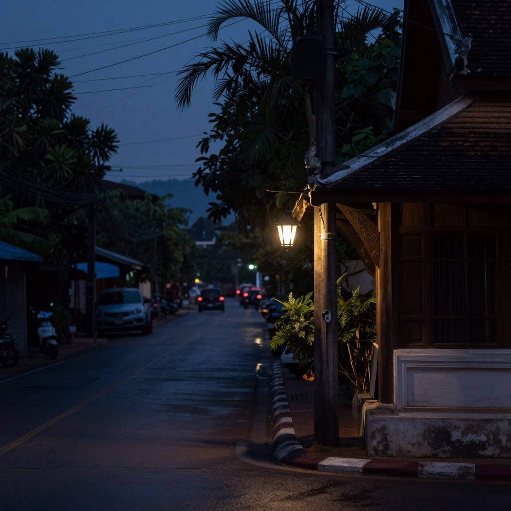 Predawn Street Scene in Chiang Mai Thailand with Lantern and Book Light in in Chiang Mai, Thailand