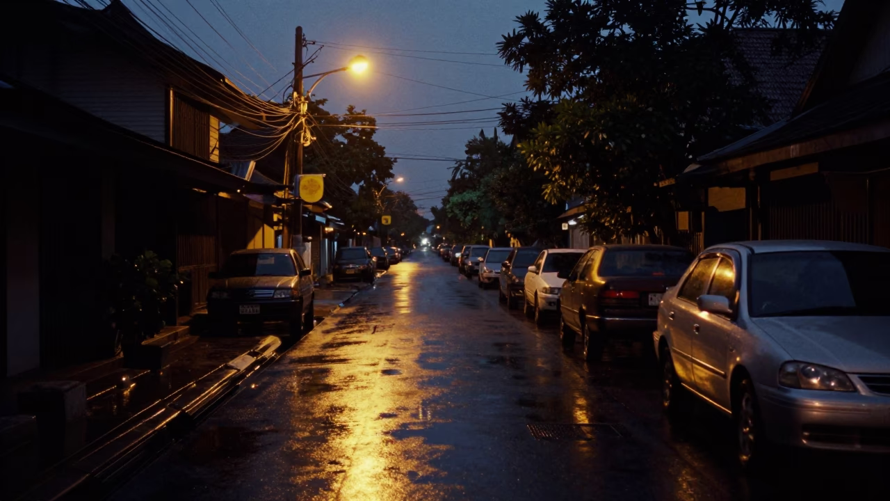 Predawn Street Scene in Chiang Mai Thailand with Wet Pavement Reflections in in Chiang Mai, Thailand