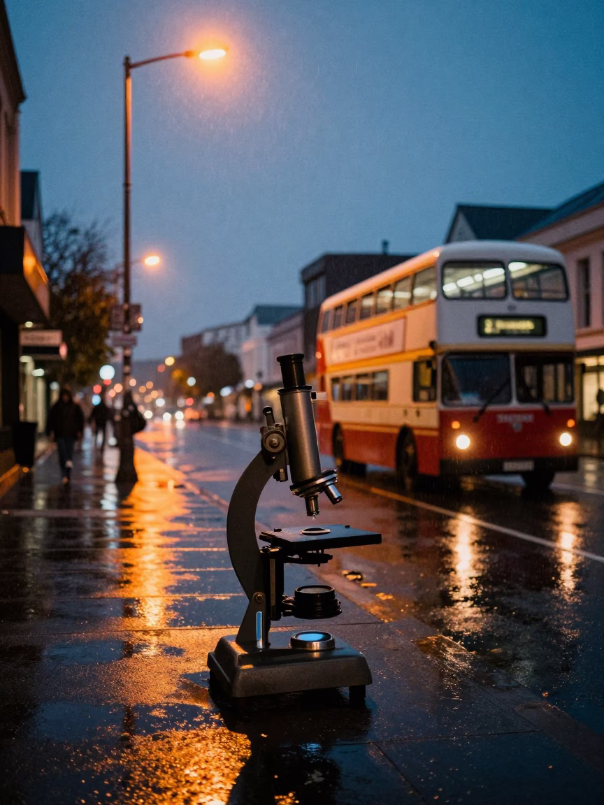 Predawn Street Scene in Christchurch New Zealand with Antique Microscope and Rain in in Christchurch, New Zealand