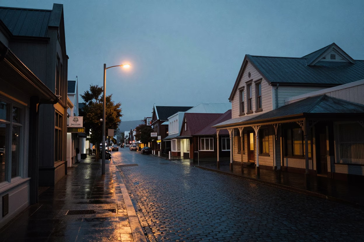 Predawn Street Scene in Christchurch New Zealand with Vintage 1980s Aesthetic and Urban Details in in Christchurch, New Zealand