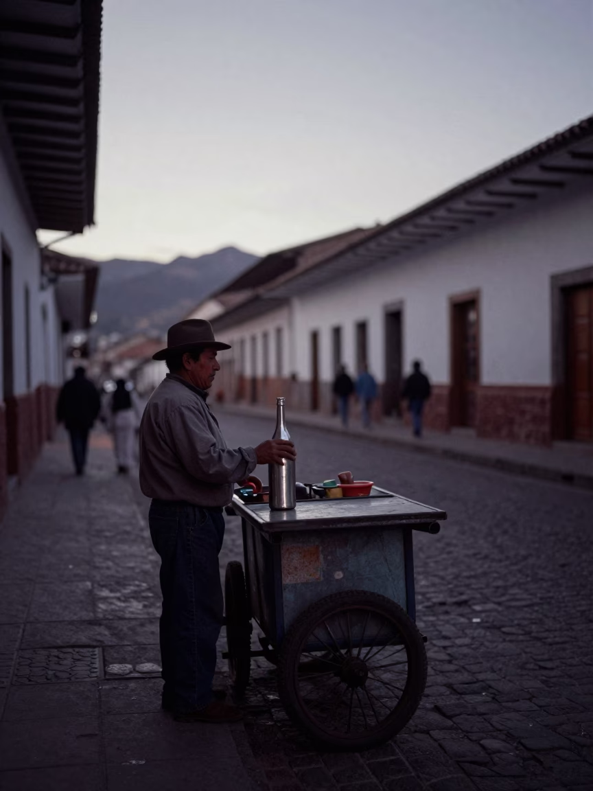 Predawn Street Scene in Cusco Peru with Brushed Steel Bottle and Iris Blossoms in in Cusco, Peru
