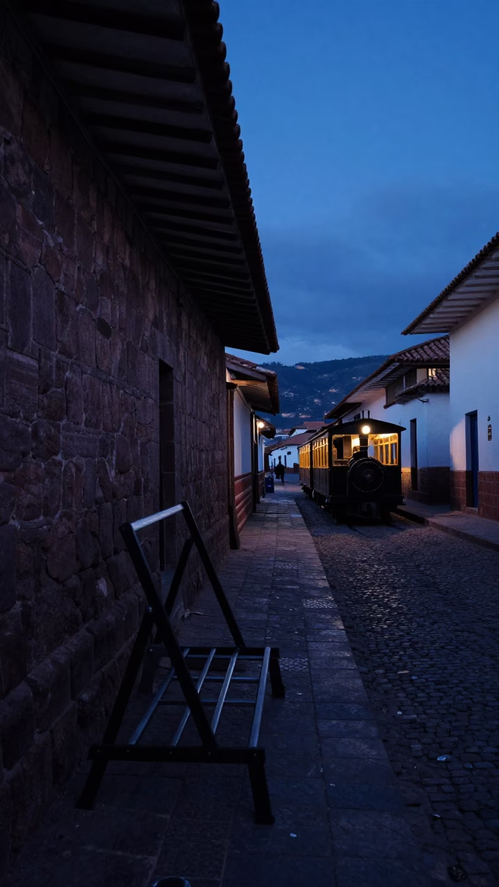 Predawn Street Scene in Cusco Peru with Drying Rack and Narrow Gauge Train in in Cusco, Peru