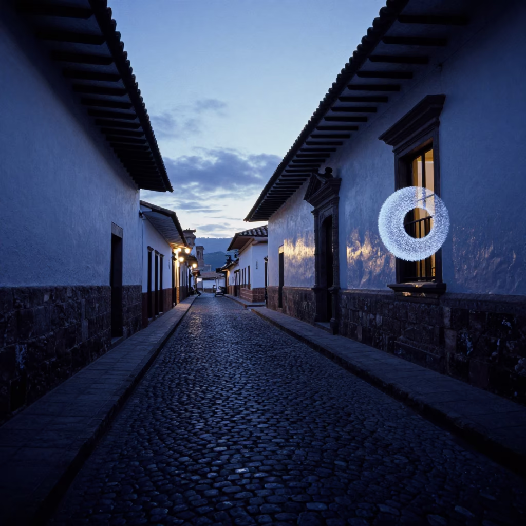 Predawn Street Scene in Cusco Peru with Frosted Telescope Eyepiece in in Cusco, Peru