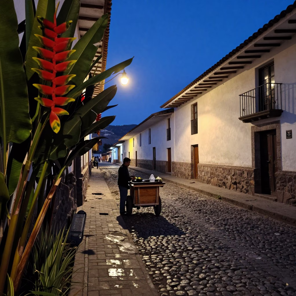 Predawn Street Scene in Cusco Peru with Heliconia Flowers and Local Market Activity in in Cusco, Peru
