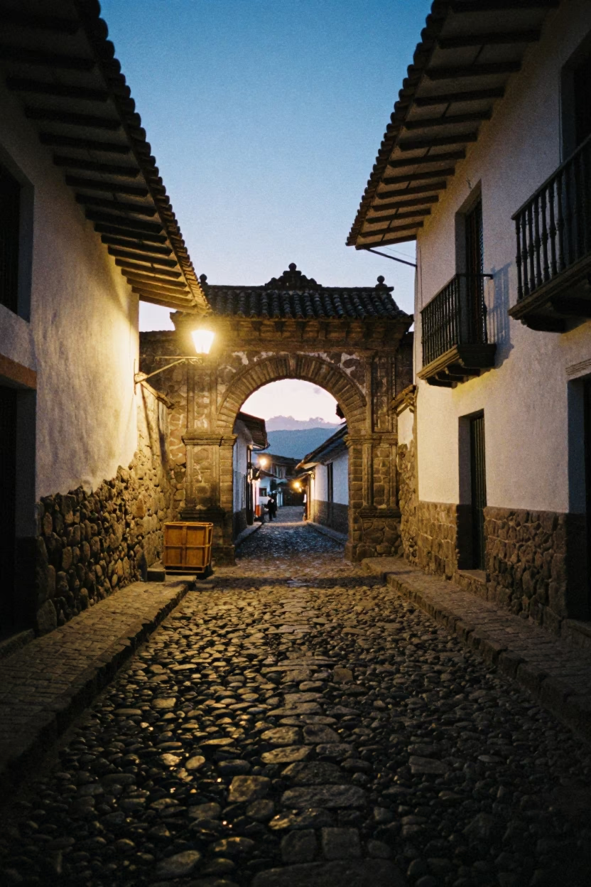 Predawn Street Scene in Cusco Peru With Stone Walls And Wooden Crate in in Cusco, Peru