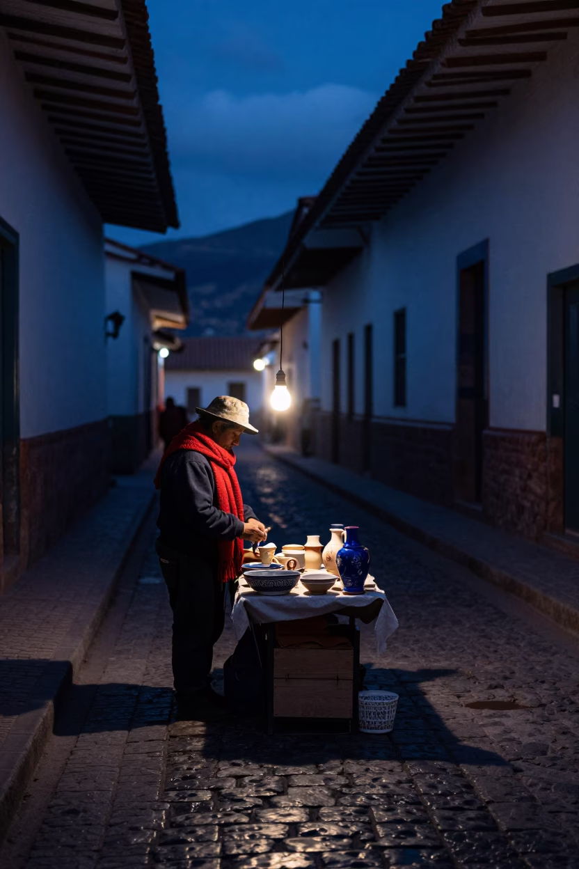 Predawn Street Scene in Cusco Peru with Wool Scarves and Ceramic Plates in in Cusco, Peru