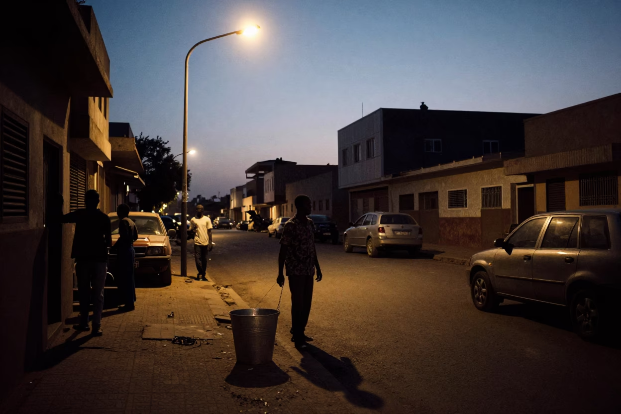 Predawn Street Scene in Dakar Senegal with Metal Bucket and Local Vendor in in Dakar, Senegal