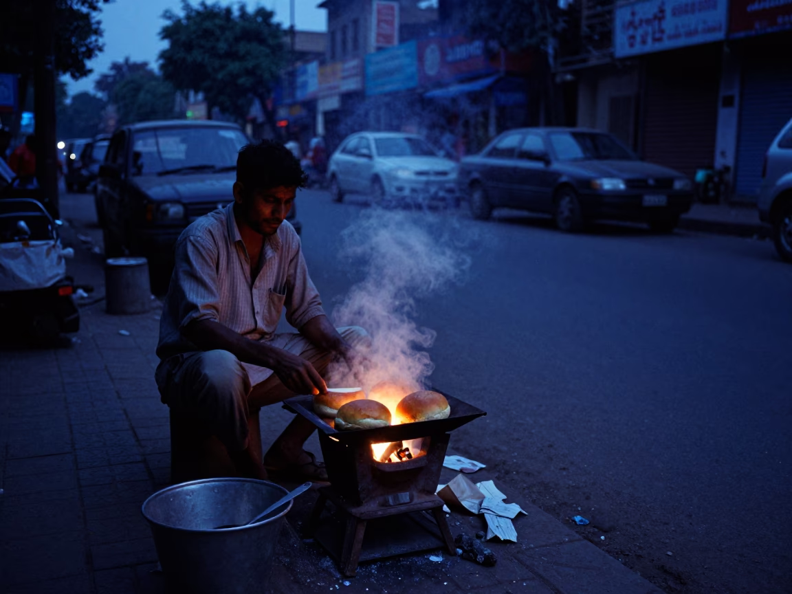 Predawn Street Scene in Delhi India with Bread Loaves and Local Commerce in in Delhi, India