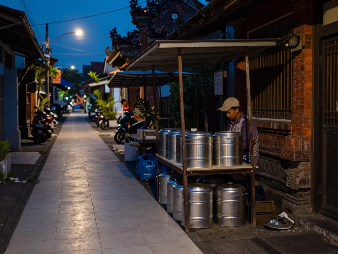 Predawn street scene in Denpasar Indonesia with ceramic tiles and storage tins in in Denpasar, Indonesia