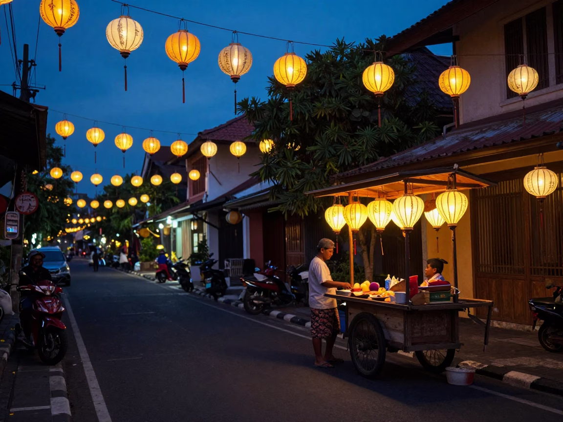 Predawn Street Scene in Denpasar Indonesia with Floating Paper Lanterns in in Denpasar, Indonesia