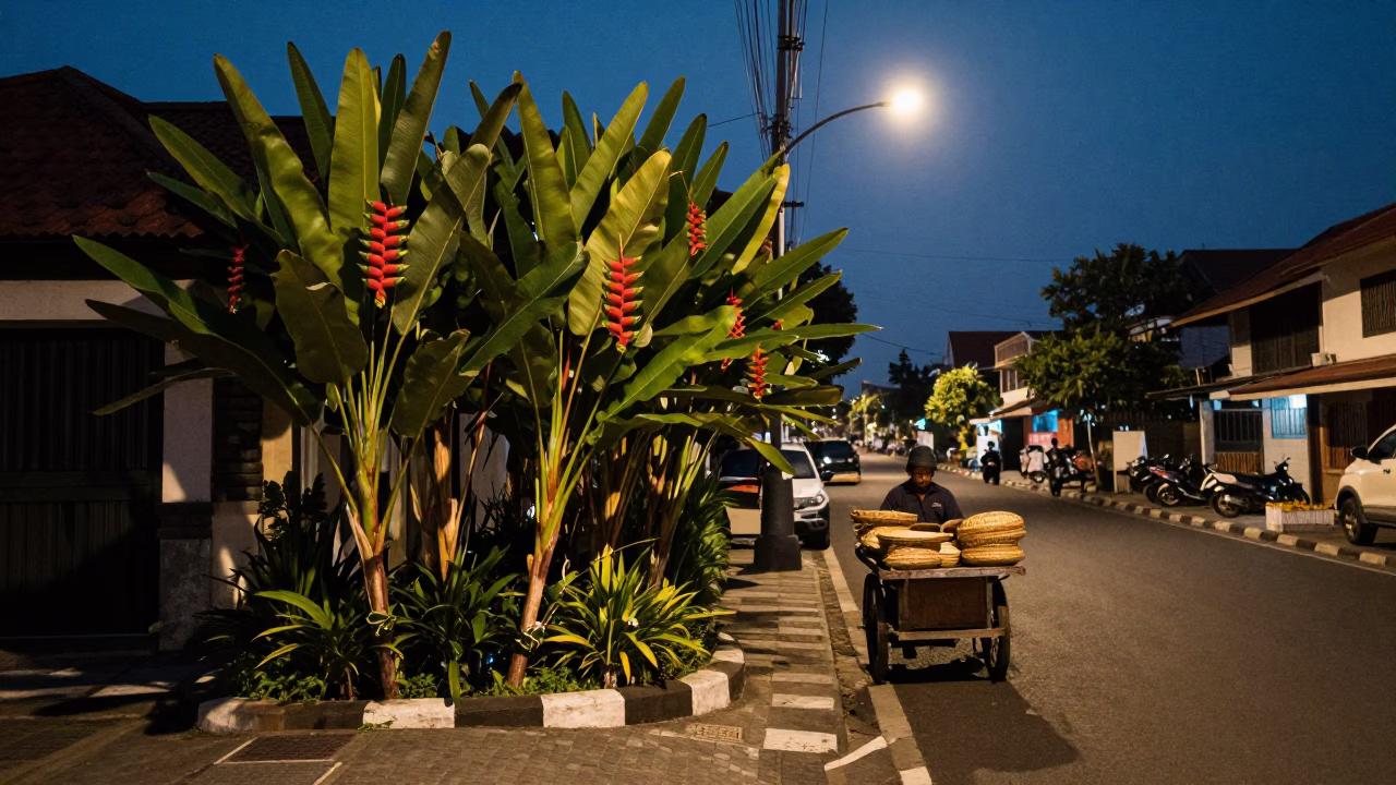 Predawn Street Scene in Denpasar Indonesia with Heliconia and Quiet Morning Activity in in Denpasar, Indonesia