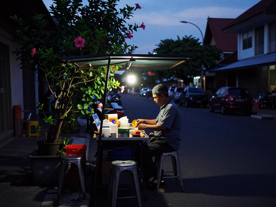 Predawn Street Scene in Denpasar Indonesia with Hibiscus and Metal Stools in in Denpasar, Indonesia