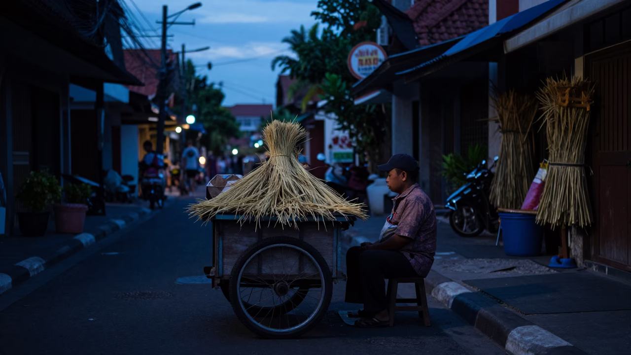 Predawn Street Scene in Denpasar Indonesia with Local Vendor and Straw Hat in in Denpasar, Indonesia