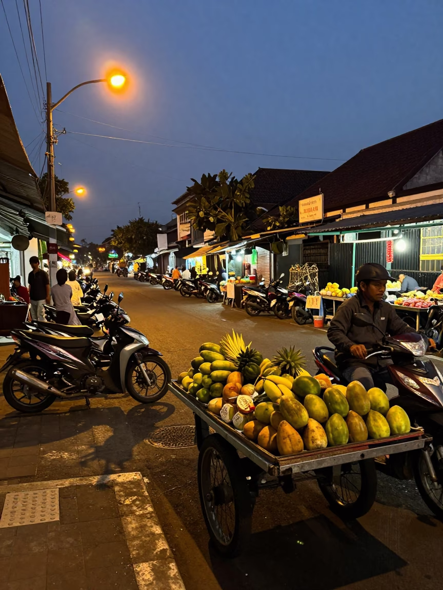 Predawn street scene in Denpasar Indonesia with motorbikes and early market vendors in in Denpasar, Indonesia