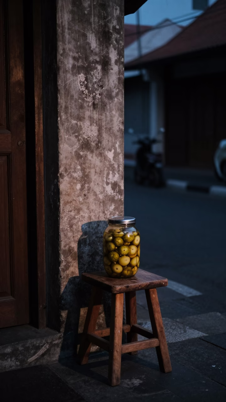 Predawn Street Scene in Denpasar Indonesia with Stool and Pickle Jar in in Denpasar, Indonesia