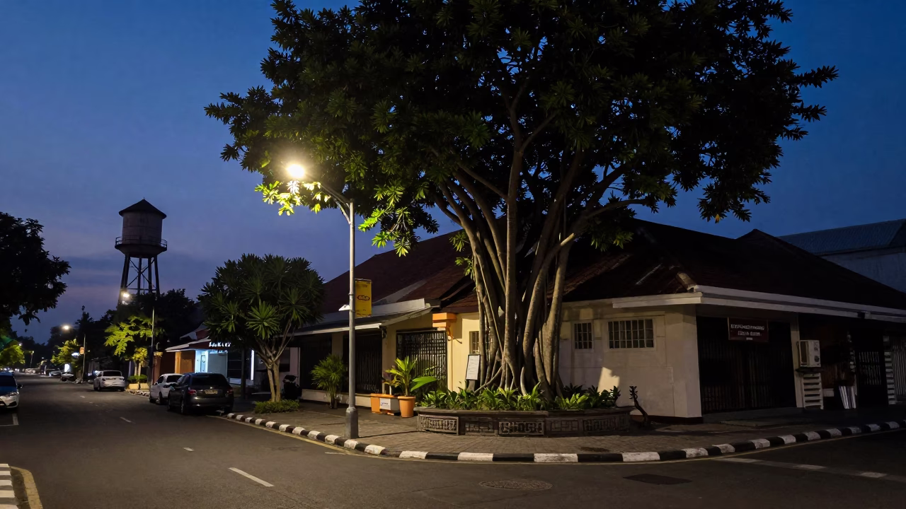 Predawn Street Scene in Denpasar Indonesia with Water Tower and Banyan Tree in in Denpasar, Indonesia