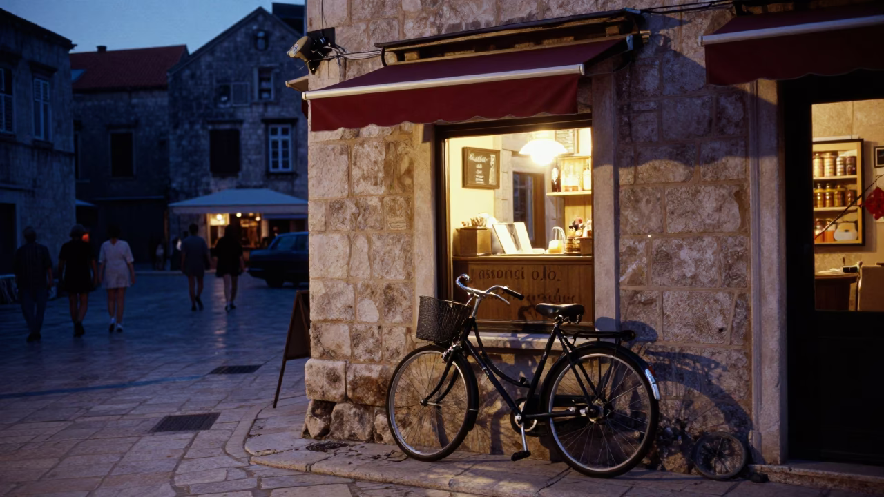 Predawn Street Scene in Dubrovnik Croatia with Bicycle and Bakery in in Dubrovnik, Croatia
