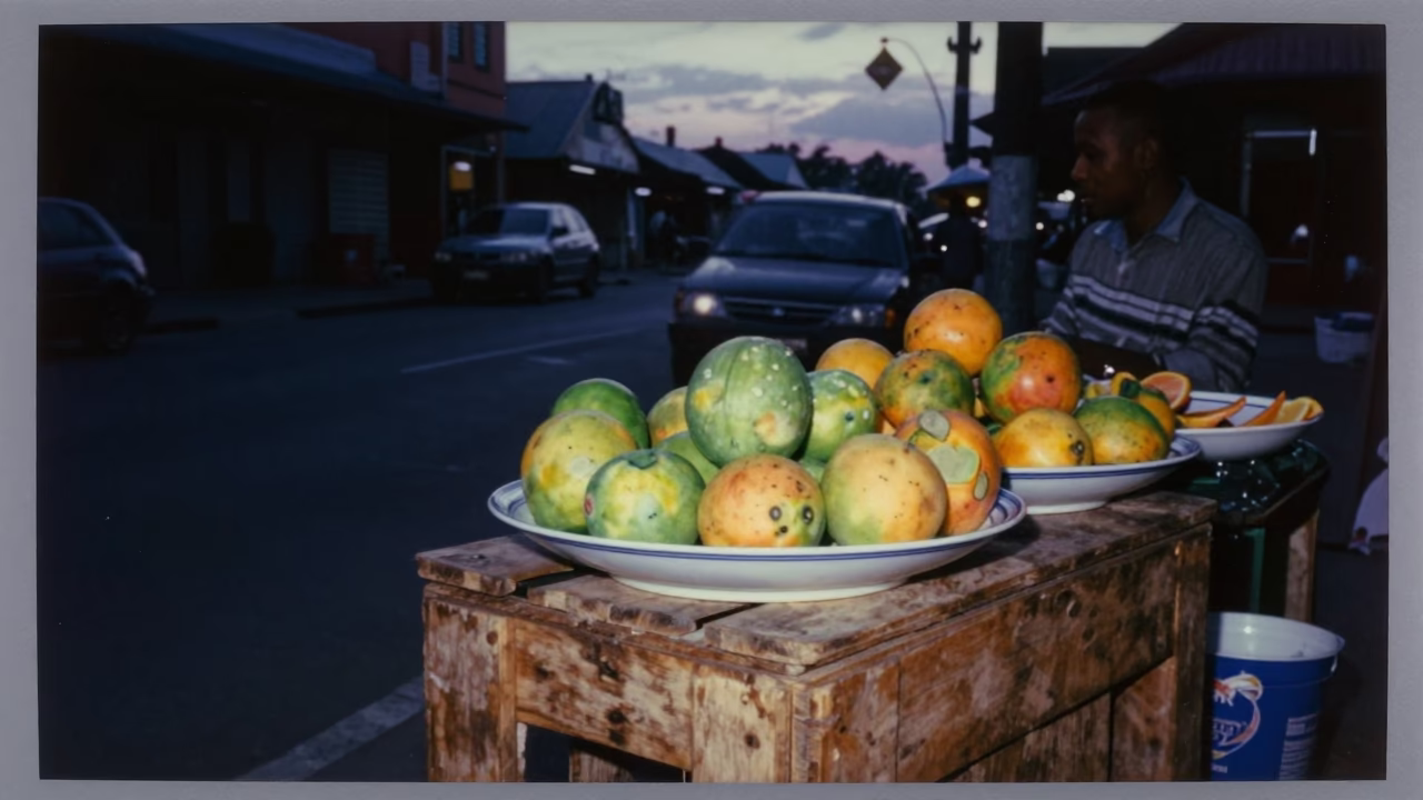 Predawn Street Scene in Durban South Africa with Blue White Porcelain Plate and Caterpillar in in Durban, South Africa