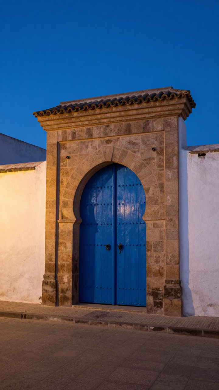 Predawn Street Scene in Essaouira Morocco with Blue Gate and Stone Walls in in Essaouira, Morocco