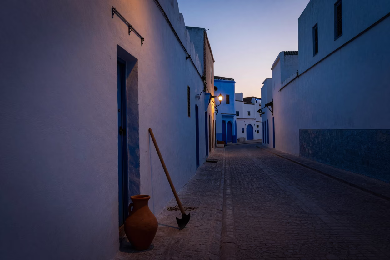 Predawn street scene in Essaouira Morocco with clay pot and hoe near whitewashed walls in in Essaouira, Morocco