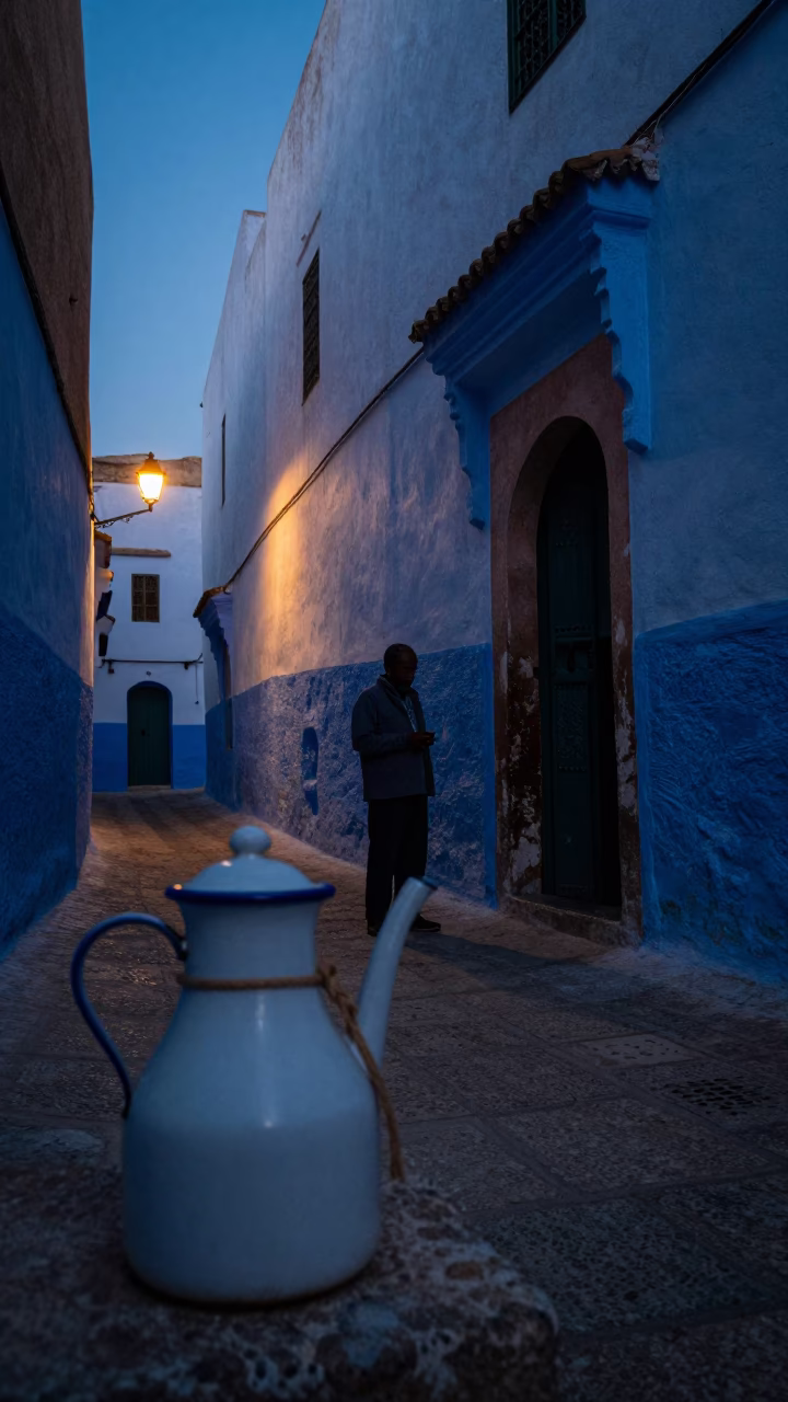 Predawn Street Scene in Essaouira Morocco with Enamel Pitcher and Twine in in Essaouira, Morocco