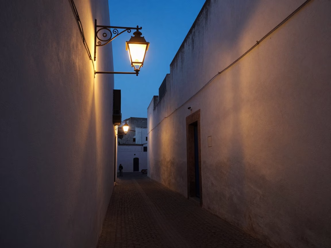 Predawn Street Scene in Essaouira Morocco with Hurricane Lamp and Linen Fringe in in Essaouira, Morocco