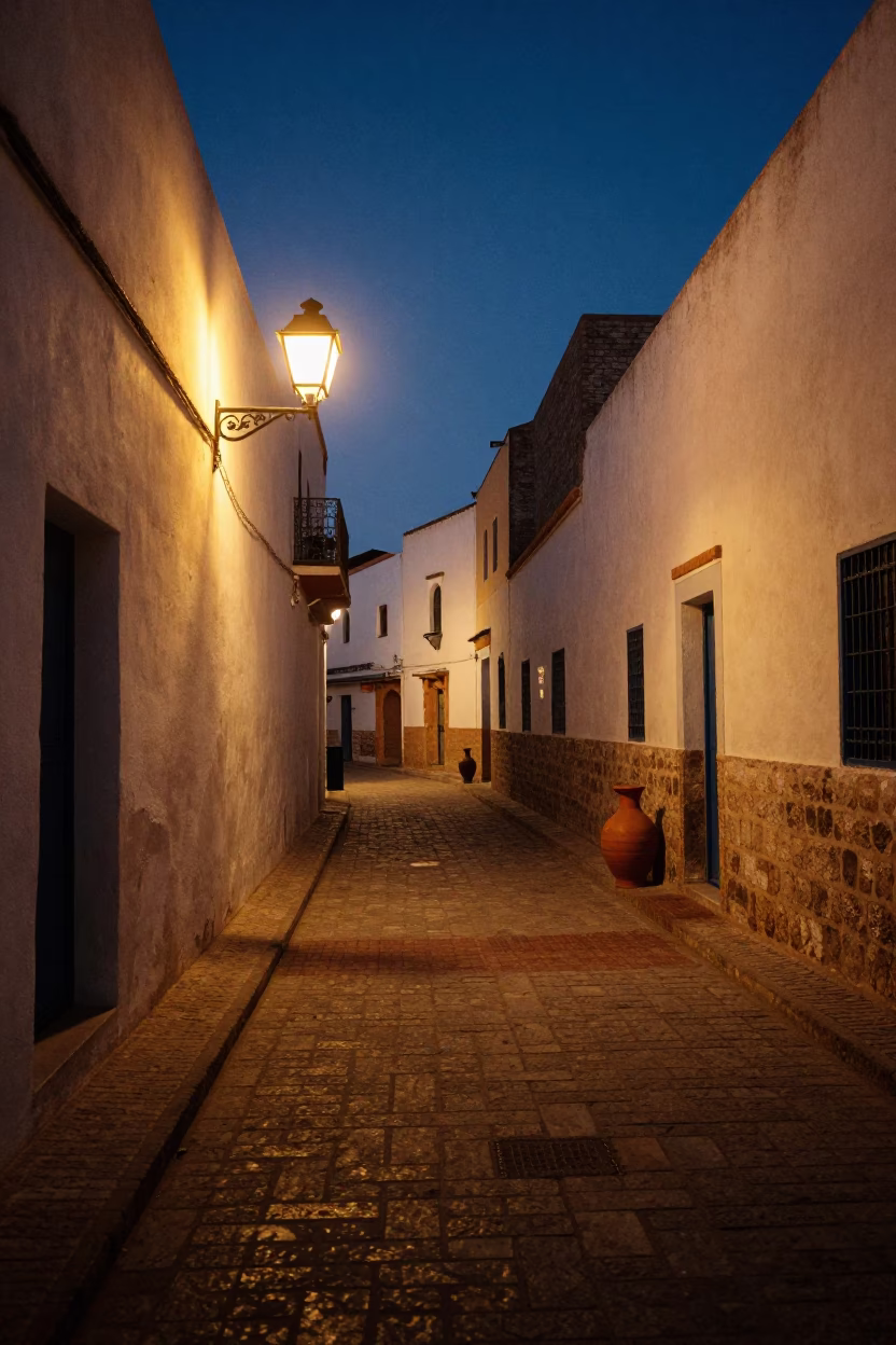 Predawn Street Scene in Essaouira Morocco with Hurricane Lamp and Terracotta Bowls in in Essaouira, Morocco