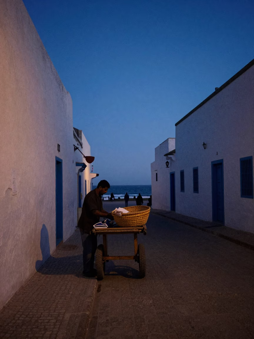 Predawn Street Scene in Essaouira Morocco with Local Vendor and Basket in in Essaouira, Morocco